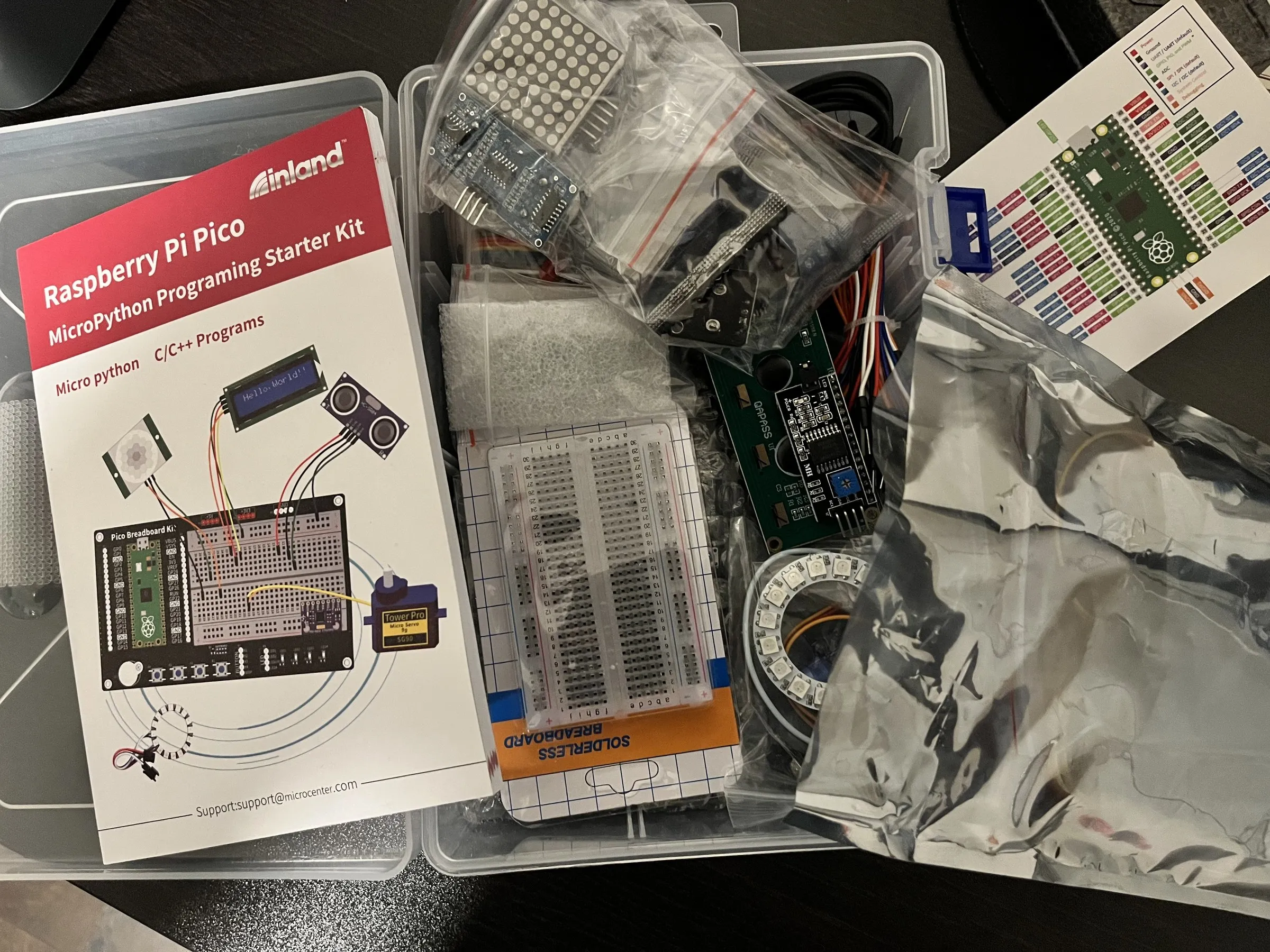 An opened Raspberry Pi Pico starter kit on a desk: a breadboard, bags of sensors and wires, an LED matrix and a pinout card